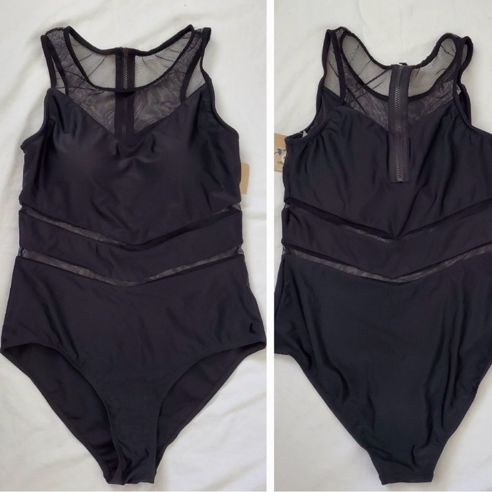 MARINA WEST SWIMSUIT ONE-PIECE SHEER MESH-DETAIL BLACK WOMENS (XXL)